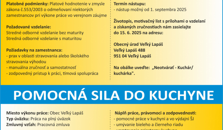 Aktuality / Pracovná ponuka - kuchár/kuchárka a pracovná sila do kuchyne - školská jedáleň Veľký Lapáš - foto