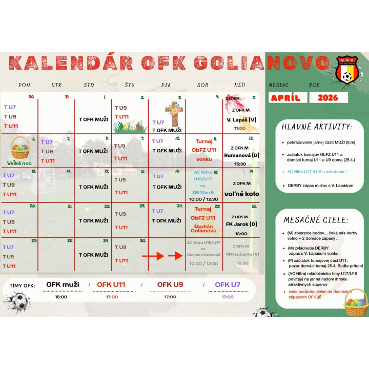 Kalendár OFK Golianovo - apríl 2026