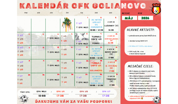 Kalendár OFK Golianovo - máj 2026