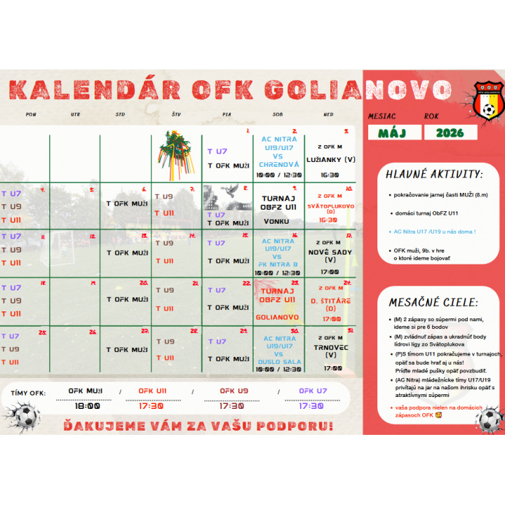 Kalendár OFK Golianovo - máj 2026