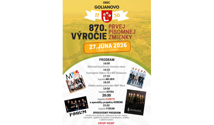 POZVÁNKA: 870. výročie prvej písomnej zmienky o obci Golianovo