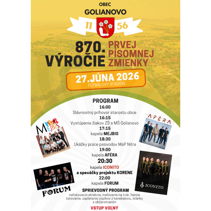 POZVÁNKA: 870. výročie prvej písomnej zmienky o obci Golianovo